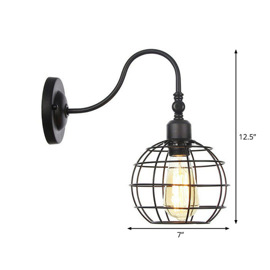 Black Iron Gooseneck Wall Lamp - Single Factory Mounted Lighting Fixture With 3 Cage Options: Tube