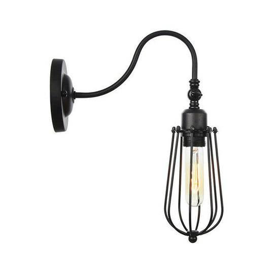 Black Iron Gooseneck Wall Lamp - Single Factory Mounted Lighting Fixture With 3 Cage Options: Tube