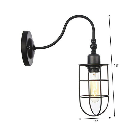 Black Iron Gooseneck Wall Lamp - Single Factory Mounted Lighting Fixture With 3 Cage Options: Tube