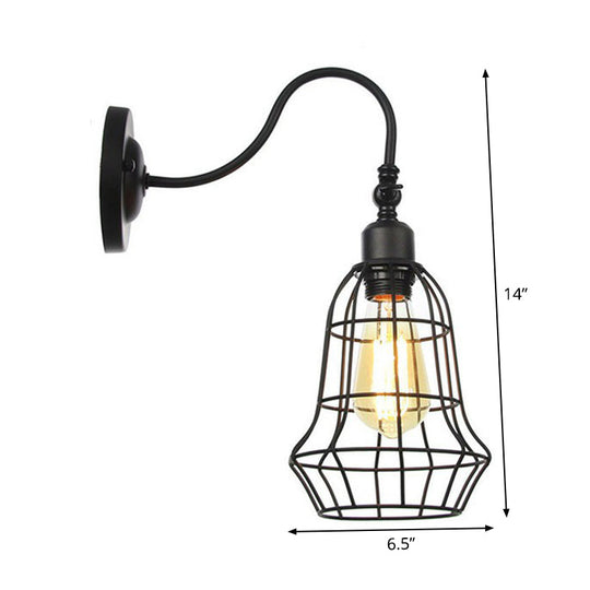 Black Iron Gooseneck Wall Lamp - Single Factory Mounted Lighting Fixture With 3 Cage Options: Tube