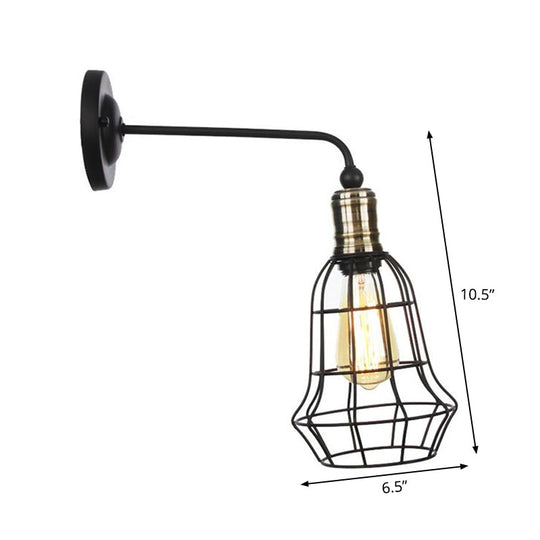 Rustic 1-Light Iron Wall Lamp Fixture In Black For Dining Room - Bell/Sphere Cage/Flared Light