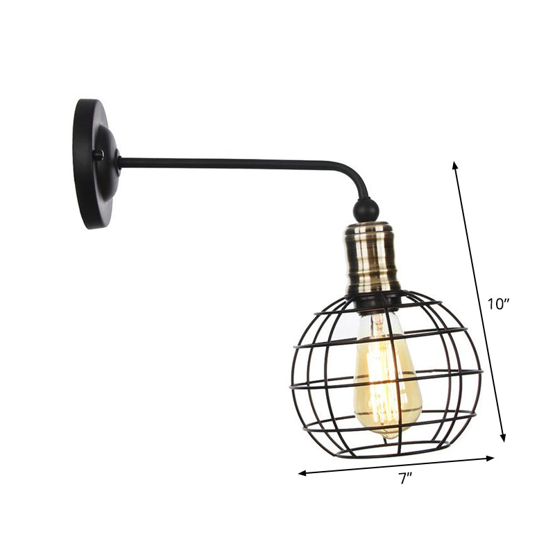 Rustic 1-Light Iron Wall Lamp Fixture In Black For Dining Room - Bell/Sphere Cage/Flared Light