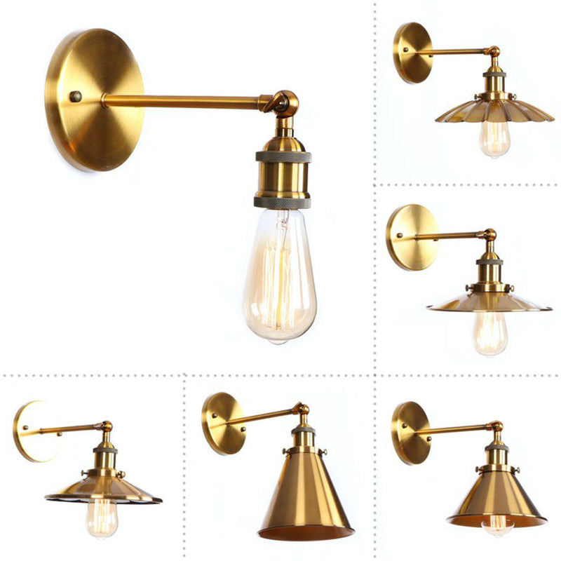 Iron Brass Finish Wall Light Fixture With Scalloped/Horn/Cone Design - 1-Light Factory Mounted Lamp