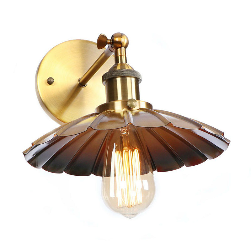 Iron Brass Finish Wall Light Fixture With Scalloped/Horn/Cone Design - 1-Light Factory Mounted Lamp