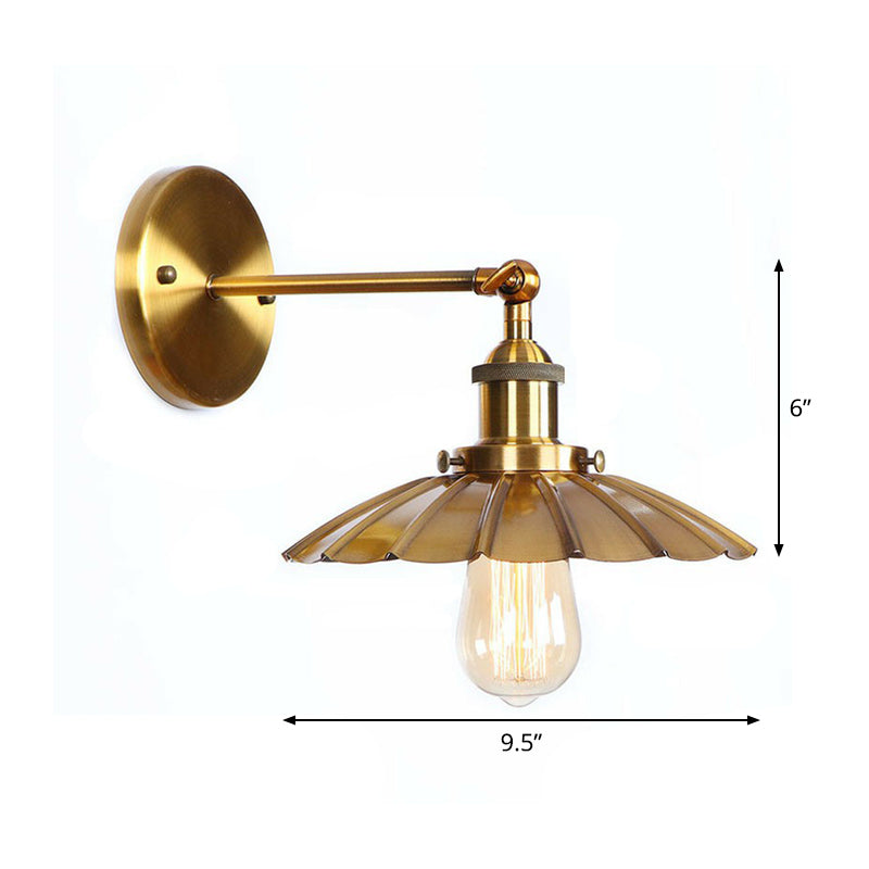 Iron Brass Finish Wall Light Fixture With Scalloped/Horn/Cone Design - 1-Light Factory Mounted Lamp