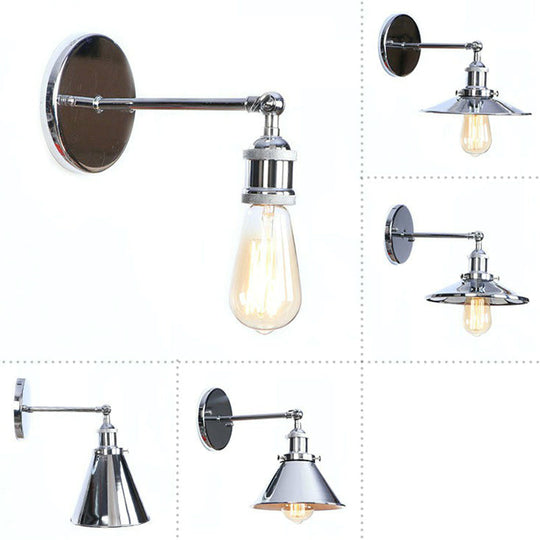 Industrial Iron Swivel Wall Lamp With Chrome Finish - 1-Light Cone/Saucer/Shadeless Design For