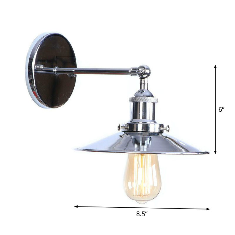 Industrial Iron Swivel Wall Lamp With Chrome Finish - 1-Light Cone/Saucer/Shadeless Design For