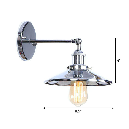 Industrial Iron Swivel Wall Lamp With Chrome Finish - 1-Light Cone/Saucer/Shadeless Design For