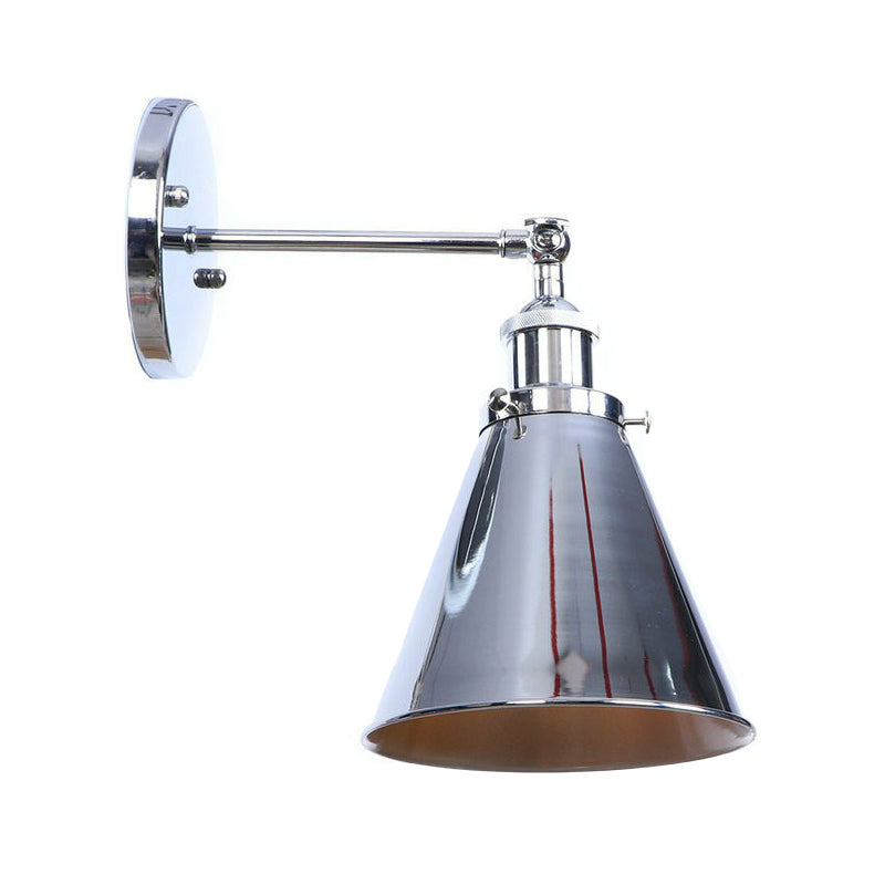 Industrial Iron Swivel Wall Lamp With Chrome Finish - 1-Light Cone/Saucer/Shadeless Design For