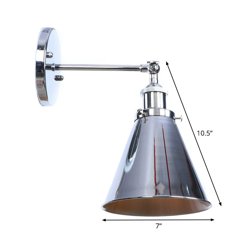 Industrial Iron Swivel Wall Lamp With Chrome Finish - 1-Light Cone/Saucer/Shadeless Design For