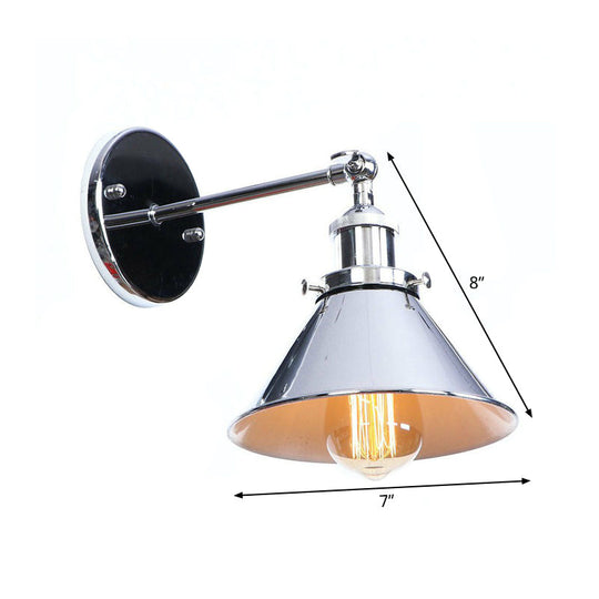 Industrial Iron Swivel Wall Lamp With Chrome Finish - 1-Light Cone/Saucer/Shadeless Design For