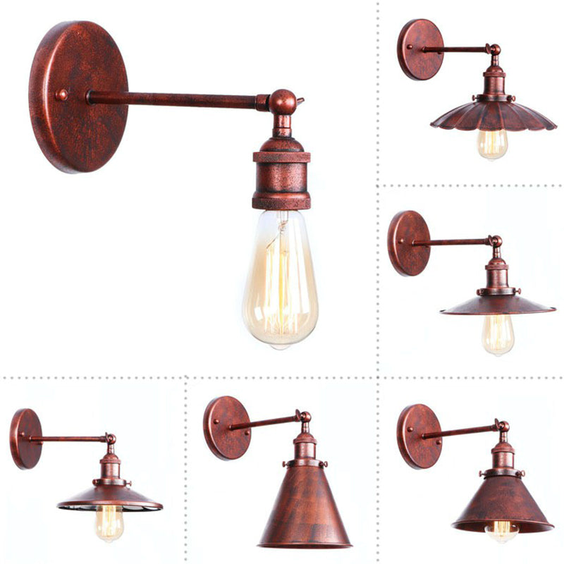 Farmhouse Rust Mesh Wall Lamp With Rotating Single-Bulb: Bowl Cone Or Horn Design - Living Room