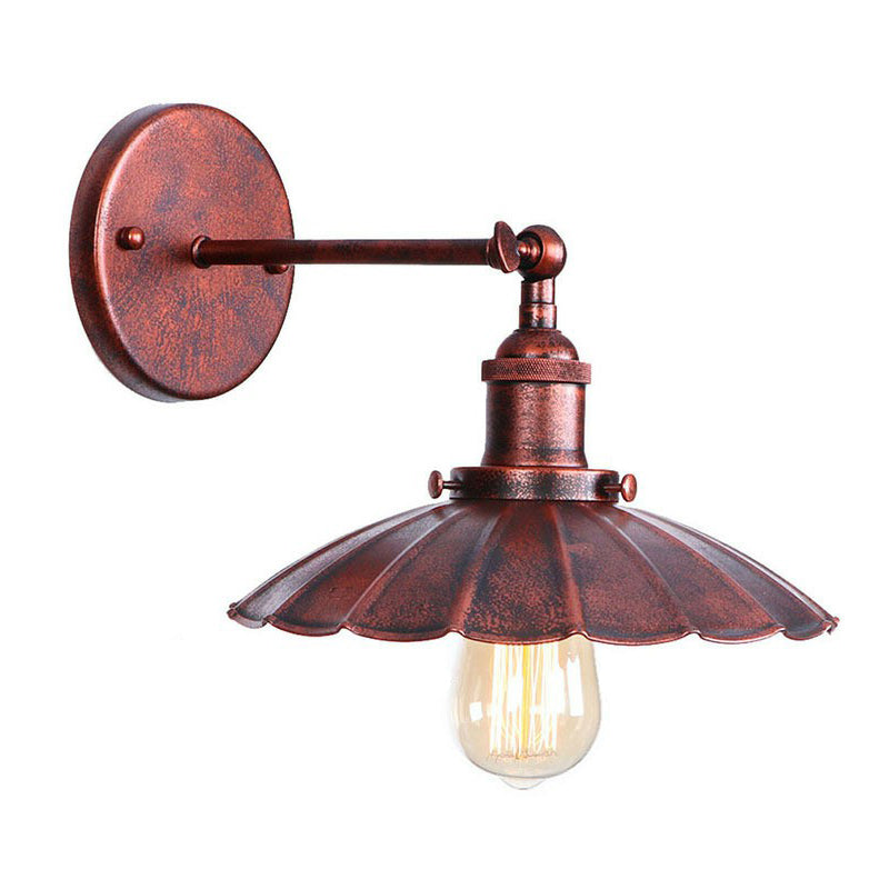 Farmhouse Rust Mesh Wall Lamp With Rotating Single-Bulb: Bowl Cone Or Horn Design - Living Room