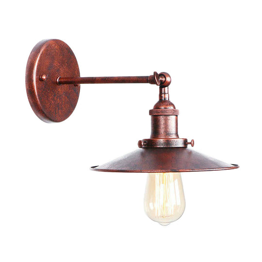 Farmhouse Rust Mesh Wall Lamp With Rotating Single-Bulb: Bowl Cone Or Horn Design - Living Room