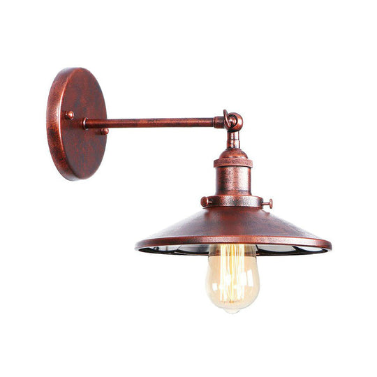 Farmhouse Rust Mesh Wall Lamp With Rotating Single-Bulb: Bowl Cone Or Horn Design - Living Room