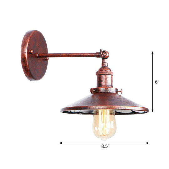 Farmhouse Rust Mesh Wall Lamp With Rotating Single-Bulb: Bowl Cone Or Horn Design - Living Room