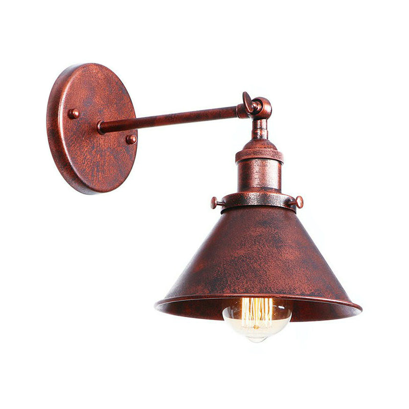 Farmhouse Rust Mesh Wall Lamp With Rotating Single-Bulb: Bowl Cone Or Horn Design - Living Room