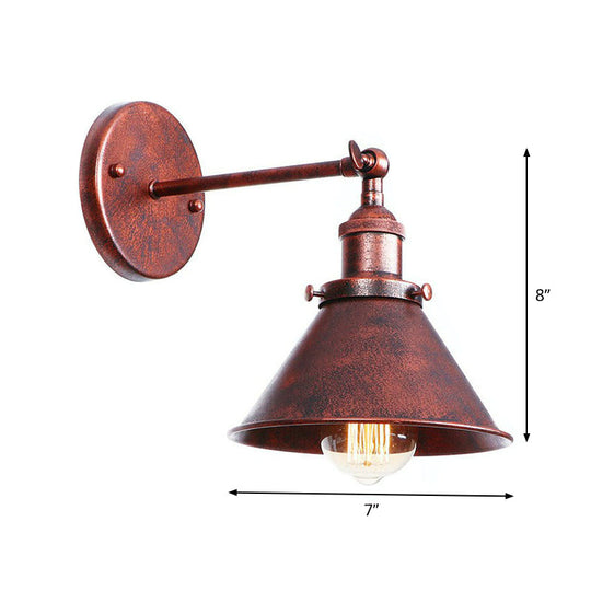 Farmhouse Rust Mesh Wall Lamp With Rotating Single-Bulb: Bowl Cone Or Horn Design - Living Room