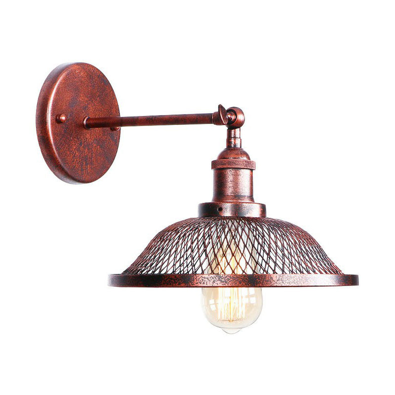 Farmhouse Rust Mesh Wall Lamp With Rotating Single-Bulb: Bowl Cone Or Horn Design - Living Room