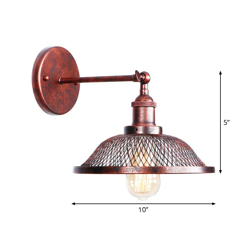 Farmhouse Rust Mesh Wall Lamp With Rotating Single-Bulb: Bowl Cone Or Horn Design - Living Room