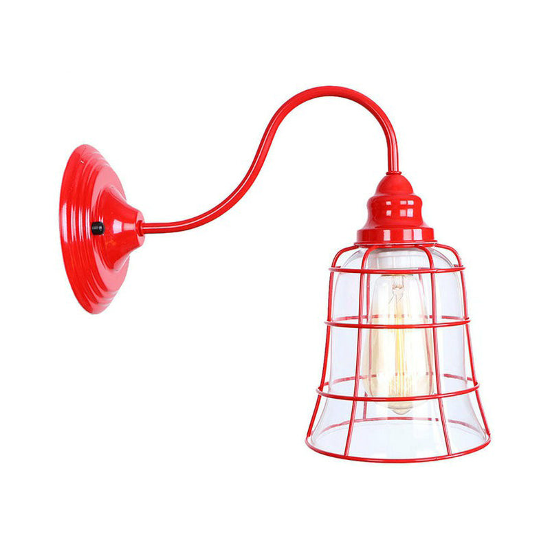 Vintage Red Gooseneck Wall Lamp: Retro Metal Bedside Fixture With Ruffle/Cone Shade/Cage