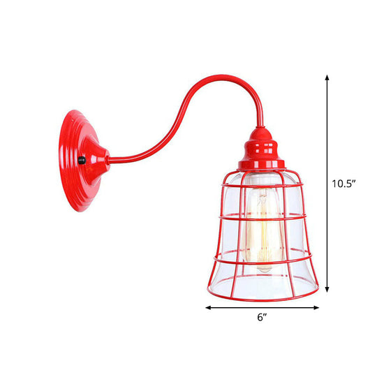 Vintage Red Gooseneck Wall Lamp: Retro Metal Bedside Fixture With Ruffle/Cone Shade/Cage