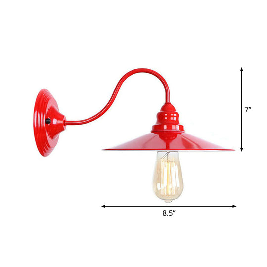 Vintage Red Gooseneck Wall Lamp: Retro Metal Bedside Fixture With Ruffle/Cone Shade/Cage