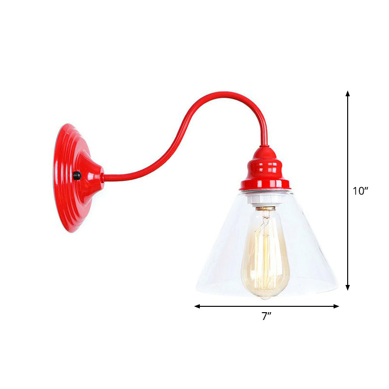 Vintage Red Gooseneck Wall Lamp: Retro Metal Bedside Fixture With Ruffle/Cone Shade/Cage