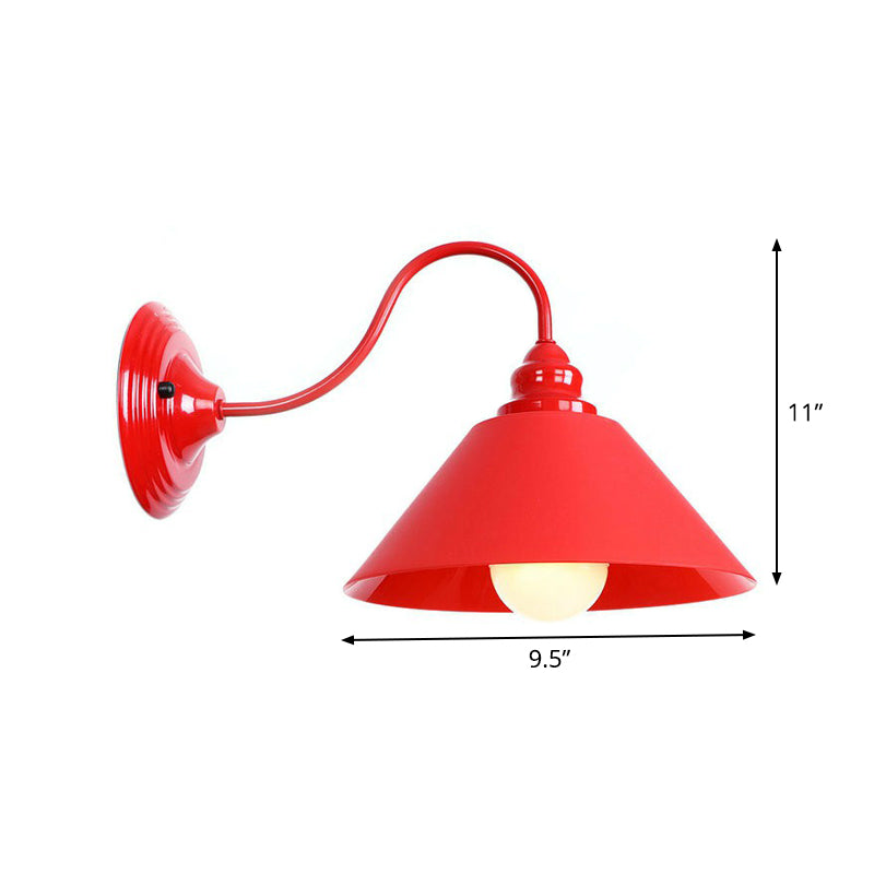 Vintage Red Gooseneck Wall Lamp: Retro Metal Bedside Fixture With Ruffle/Cone Shade/Cage