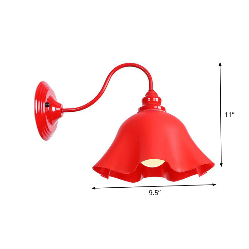 Vintage Red Gooseneck Wall Lamp: Retro Metal Bedside Fixture With Ruffle/Cone Shade/Cage