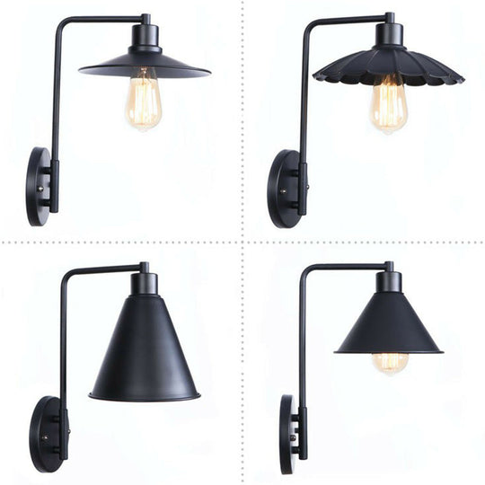 Modern Black/White Square Arm Wall Light With Iron Fixture Cone/Flared/Scalloped Shade For Bedside