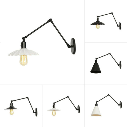 Industrial Swing Arm Wall Lamp: 1-Light Iron Light In Black/White Cone/Saucer/Scalloped Design For