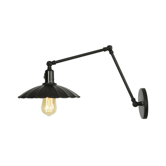 Industrial Swing Arm Wall Lamp: 1-Light Iron Light In Black/White Cone/Saucer/Scalloped Design For