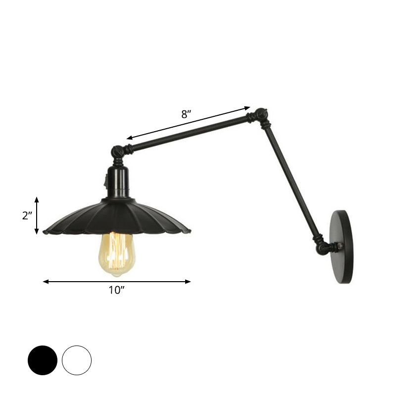 Industrial Swing Arm Wall Lamp: 1-Light Iron Light In Black/White Cone/Saucer/Scalloped Design For