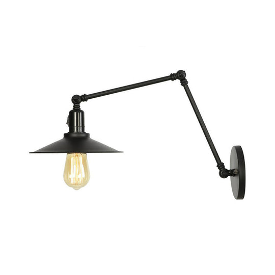 Industrial Swing Arm Wall Lamp: 1-Light Iron Light In Black/White Cone/Saucer/Scalloped Design For