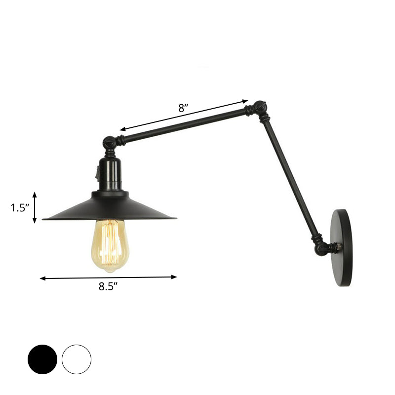 Industrial Swing Arm Wall Lamp: 1-Light Iron Light In Black/White Cone/Saucer/Scalloped Design For