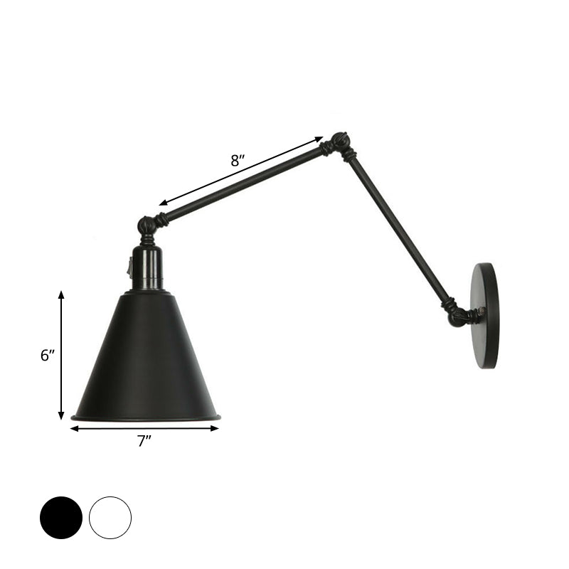 Industrial Swing Arm Wall Lamp: 1-Light Iron Light In Black/White Cone/Saucer/Scalloped Design For