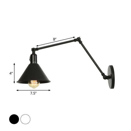 Industrial Swing Arm Wall Lamp: 1-Light Iron Light In Black/White Cone/Saucer/Scalloped Design For