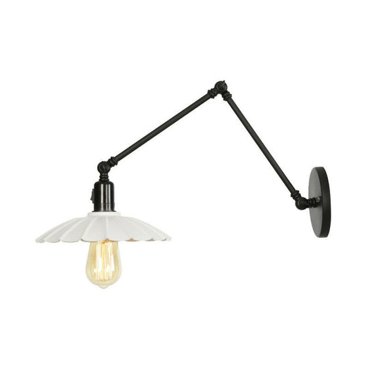 Industrial Swing Arm Wall Lamp: 1-Light Iron Light In Black/White Cone/Saucer/Scalloped Design For