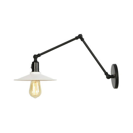 Industrial Swing Arm Wall Lamp: 1-Light Iron Light In Black/White Cone/Saucer/Scalloped Design For