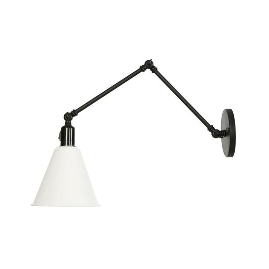 Industrial Swing Arm Wall Lamp: 1-Light Iron Light In Black/White Cone/Saucer/Scalloped Design For