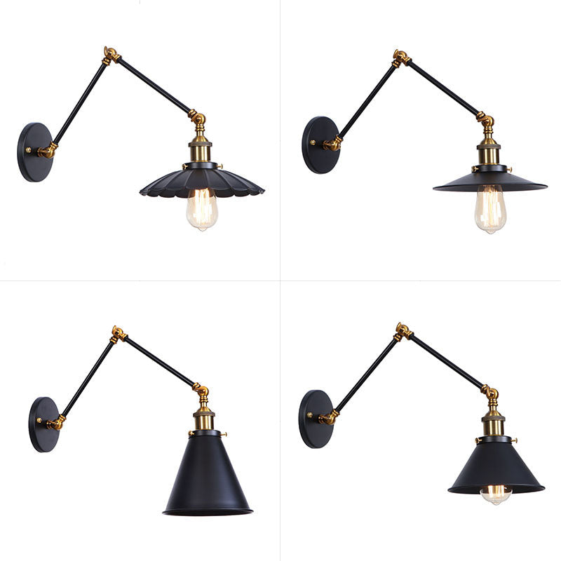 Industrial Metal Wall Reading Lamp With Flared Cone Design And Swing Arm - 1 Bulb Black-Brass