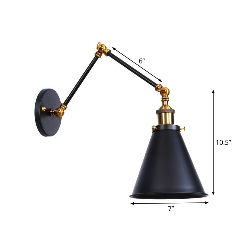 Industrial Metal Wall Reading Lamp With Flared Cone Design And Swing Arm - 1 Bulb Black-Brass