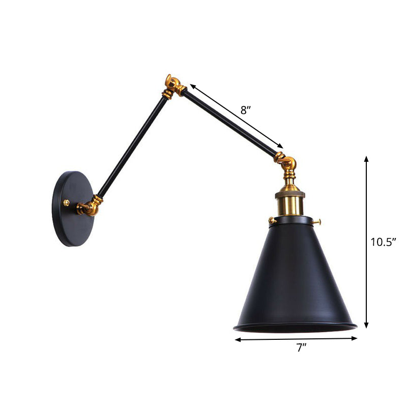 Industrial Metal Wall Reading Lamp With Flared Cone Design And Swing Arm - 1 Bulb Black-Brass