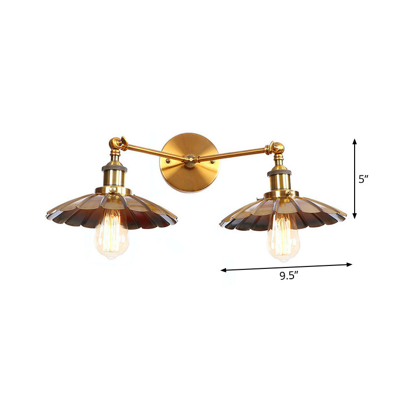 Antique Brass Wall Lamp With Dual Head And Adjustable Joint - Iron Horn/Scalloped/Cone Shade