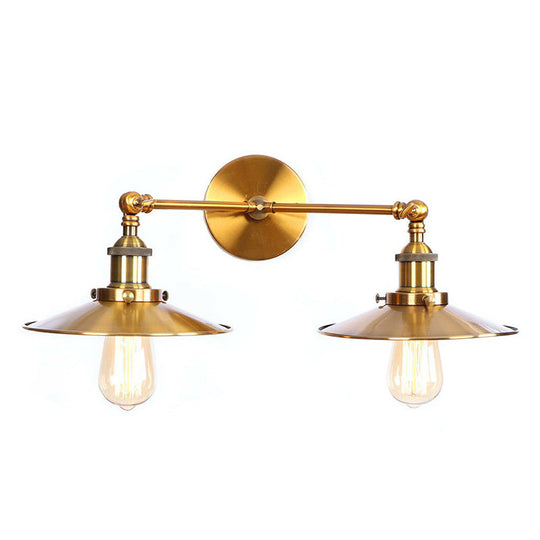 Antique Brass Wall Lamp With Dual Head And Adjustable Joint - Iron Horn/Scalloped/Cone Shade