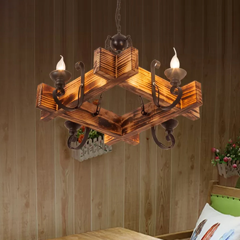 Nautical Wooden Hanging Light Fixture-Chandelier in Brown, Triangular/Square Design, 3/4/6-Head Ceiling Candle for Restaurants