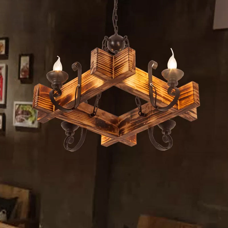 Nautical Wooden Hanging Light Fixture-Chandelier in Brown, Triangular/Square Design, 3/4/6-Head Ceiling Candle for Restaurants