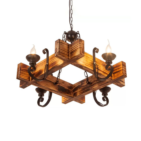 Nautical Wooden Hanging Light Fixture-Chandelier in Brown, Triangular/Square Design, 3/4/6-Head Ceiling Candle for Restaurants