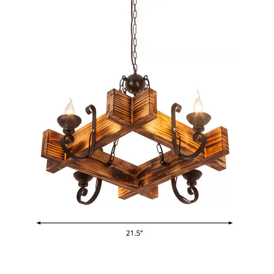 Nautical Wooden Hanging Light Fixture-Chandelier in Brown, Triangular/Square Design, 3/4/6-Head Ceiling Candle for Restaurants